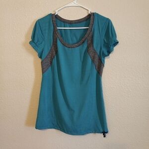 LULULEMON Scoop Neck Ruched Short Sleeve Turquoise Drawstring Hem Womens Size 8